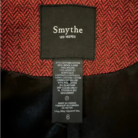 Smythe Duchess Tweed Peaked Lapel Velvet Trim Blazer Jacket Red Burgundy Size 6 - Picture 3 of 9
